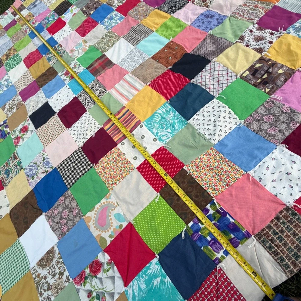Vintage Handmade Patchwork Tied Quilt Multi Color Scrappy Boho Farmhouse 88x102
